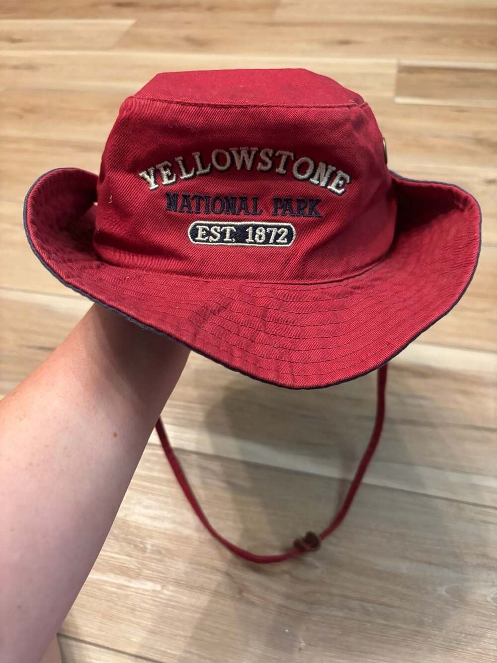J Hats Yellowstone National Park Embroidered Red Bucket Hat with Chin Strap